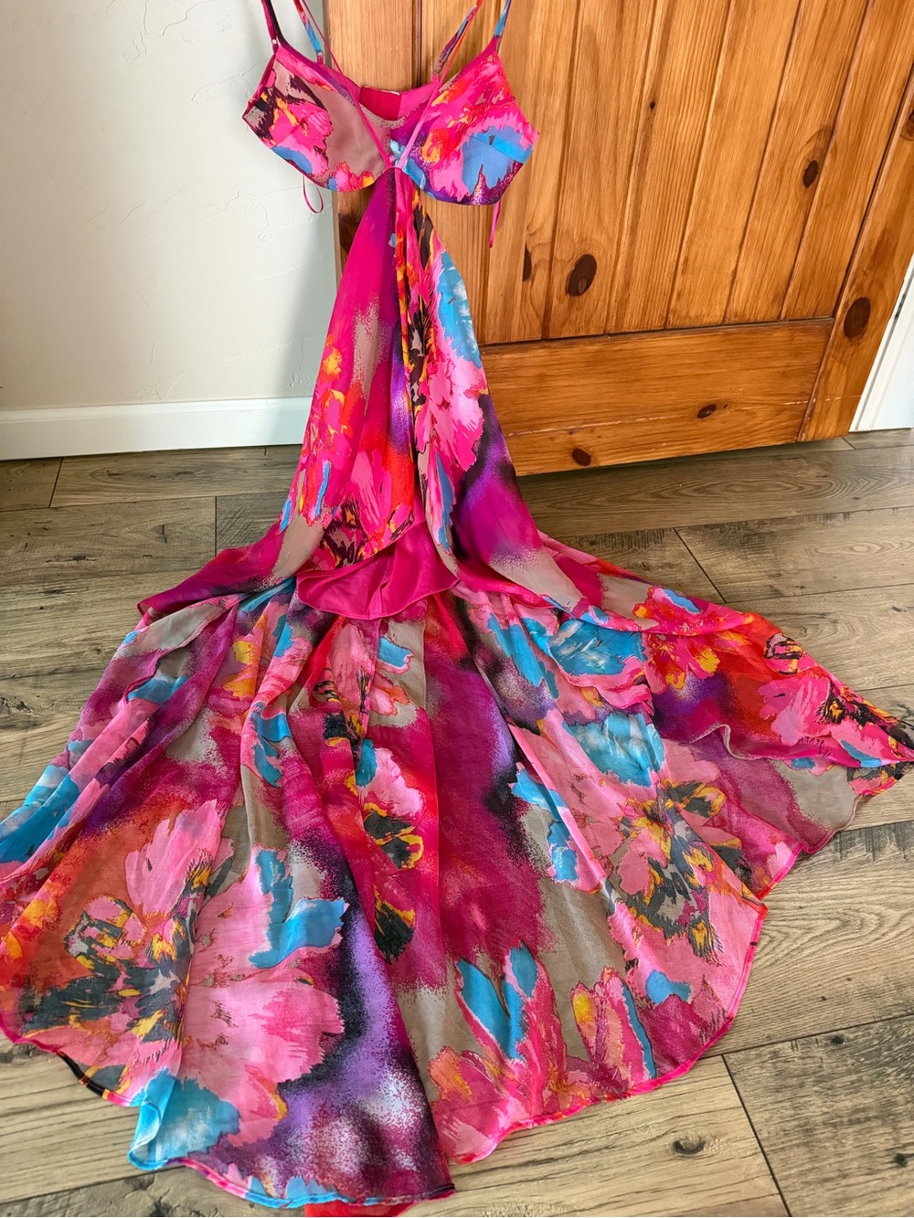 Hot Miami Styles Floral Pink Cutout Maxi Dress - Size Small vibrant watercolor